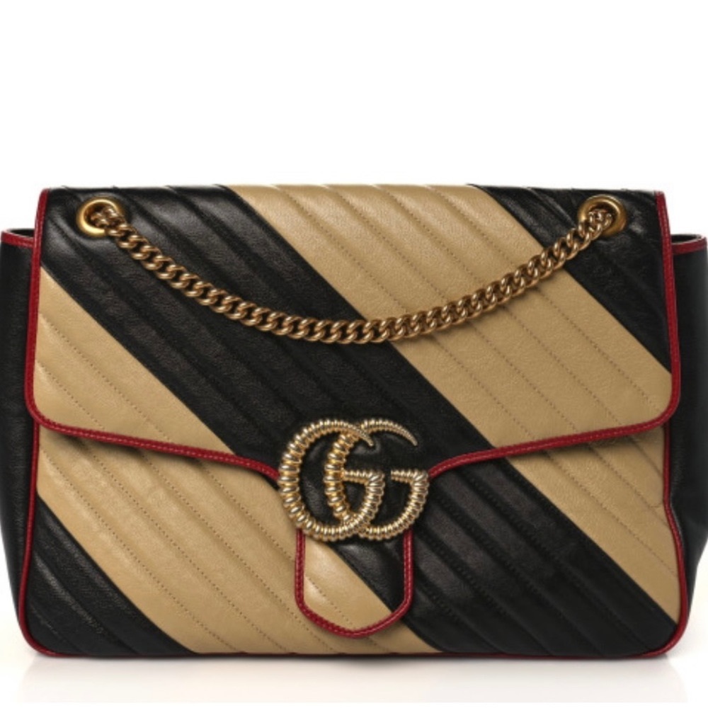 Gucci GG Marmont Matelasse Small
Shoulder Bag Torchon Diagonal striped tan red
